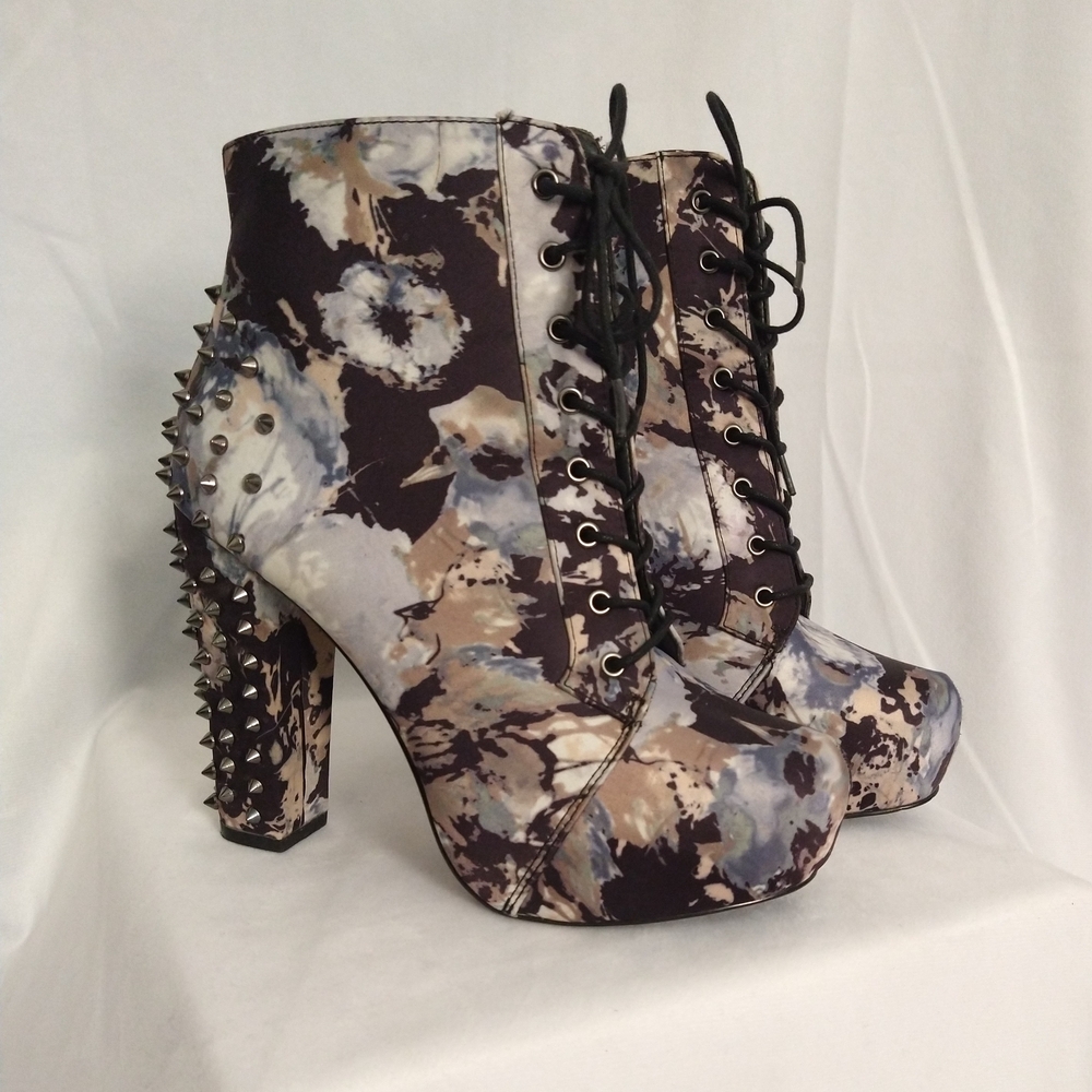 Call It Spring Blue And Cream Floral Lace-Up Boots with Studded Heels